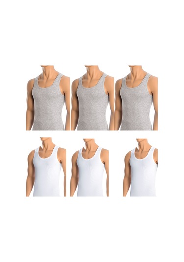 Erkek Pamuklu 3'lü Gri Atlet Ve 3'lü Beyaz Atlet 6 Parça Set Beyaz - Gri