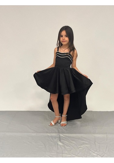 Kız Çocuk Abiye Siyah Saten Kuyruklu Yaka Şerit Taşlı Abiye Elbise 5-10 Yaşyaş Siyah