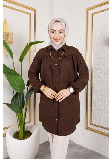 Önü Büzgülü Bilek Lastikli Tunik - Acı Kahve / Ü104 Acı Kahve Acı Kahverengi