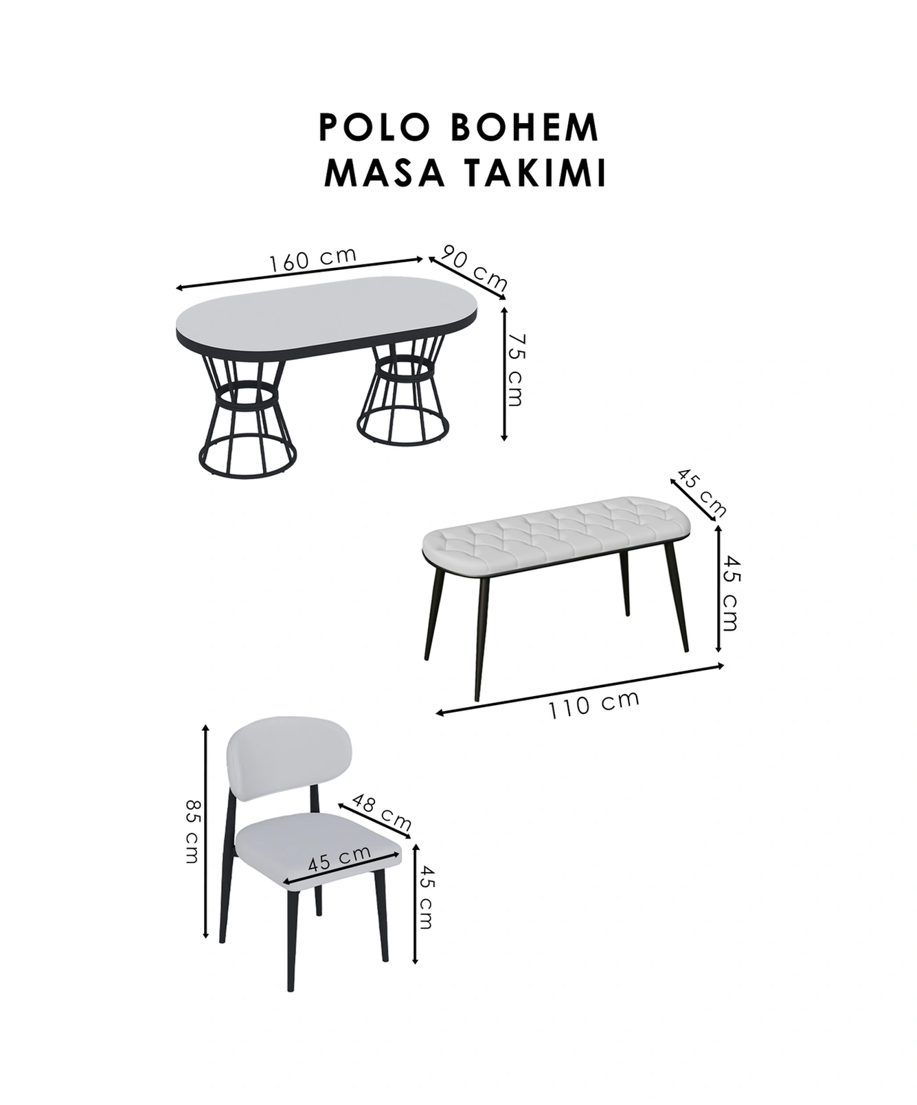Bohem Polo Mutfak Masası Takımı 6 Kişilik Bencli Beyaz Krem
