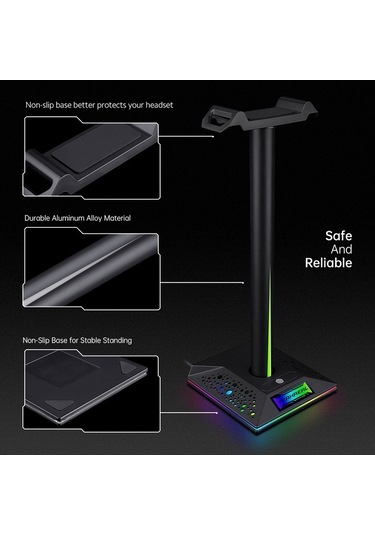 Fastbuy Rgb Işık Kulaklık Tutucu, Usb Genişletme, 3.5mm Jack, Siyah Abs-alüminyum, Ayrılabilir Tasarım