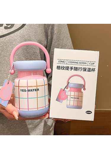 Kadınlar İçin Yüksek Görünüm Ve Taze Stile Sahip 304 Paslanmaz Çelik Vakumlu Matara Taşınabilir Ekose Seyahat Matarası Açık Mavi