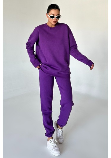 Modagen Unisex Mor Bisiklet Yaka Düz Oversize Alt-üst Eşofman Takımı Mor