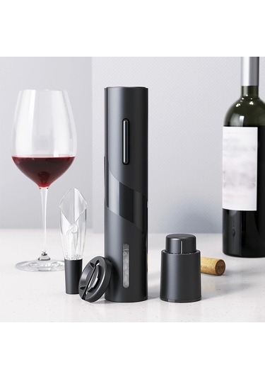 Fortunelane Siyah Plastik Elektrikli Şarap Açıcı Seti - Kutu Paketi, Folyo K Bıçaklı, Pilli, Mutfak Kullanıma Uygun, Kolay Kulla