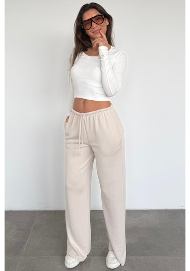 Bej Geniş Paça Barrel Fit Eşofman Altı Mg2646 Bej