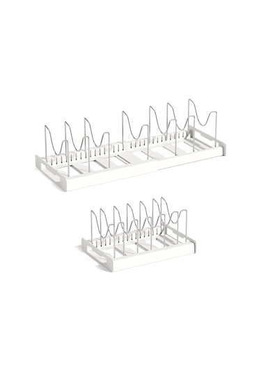 Geri Çekilebilir Ayarlanabilir Mutfak Depolama Rafı Tencere Kapağı Bulaşık Tava Depolama Standı - Beyaz