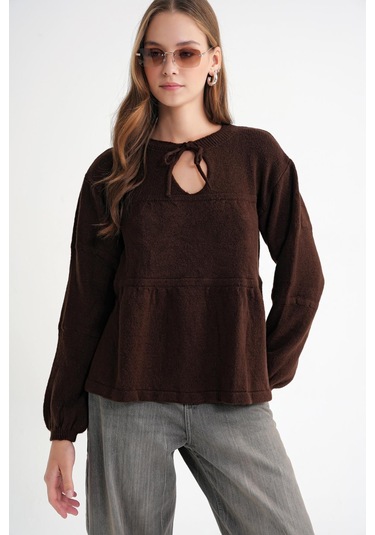 6950 Kadın Yakası Bağcıklı Pileli Triko Kazak Kahve Kahve