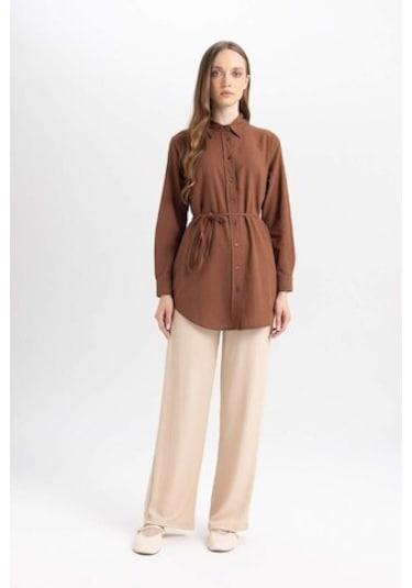 Defacto Regular Fit Poplin Basic Düz Uzun Kollu Gömlek Tunik D4160AX24AUBN527 Kahverengi