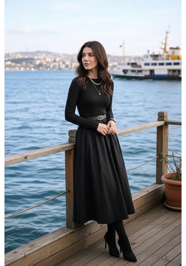 Pastelastore Kemerli Bisiklet Yaka Uzun Elbise Siyah