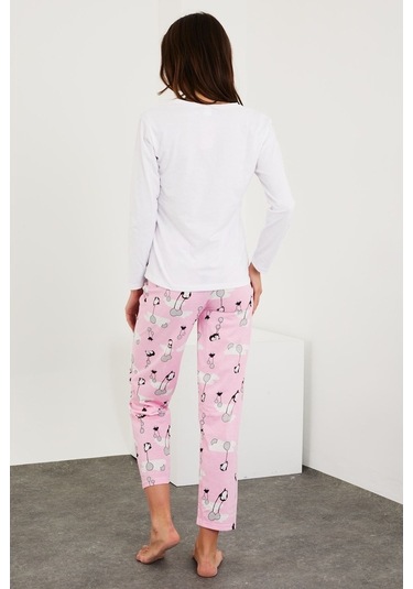 Gimer - Baskılı Uzun Kol Pijama Takım - Ece3702G Beyaz