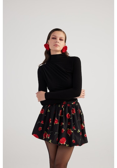 Holly Lolly Balon Model Gül Desenli Mini Donna Etek Siyah