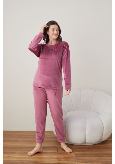 Lukitus Pamuklu Kadife Pijama Takımı Pembe Kadife01 Pembe