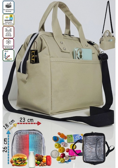 Sıcak, Soğuk Isı Yalıtımlı Termal Termoslu Yemek, Mama, Beslenme, Gıda İçin Askılı Taşıma Çantası Bej