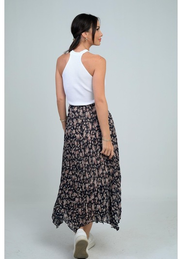 Kadın Beli Lastikli Astarlı Mini Çiçekli Midi Kraşlı Üçgen Etek-41724 Siyah