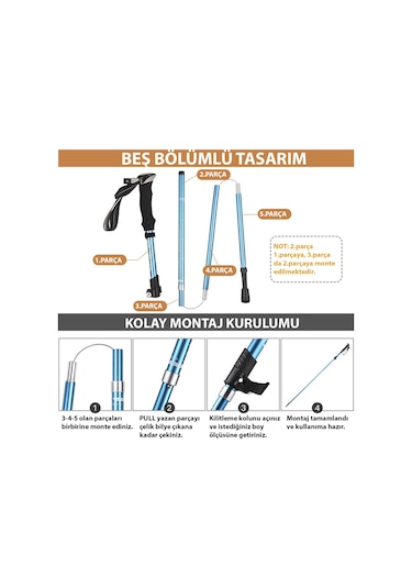 Hymark Trekking Hafif Katlanabilir 105-125cm Dağcı Doğa Kamp Yürüyüş Batonu Açık Mavi