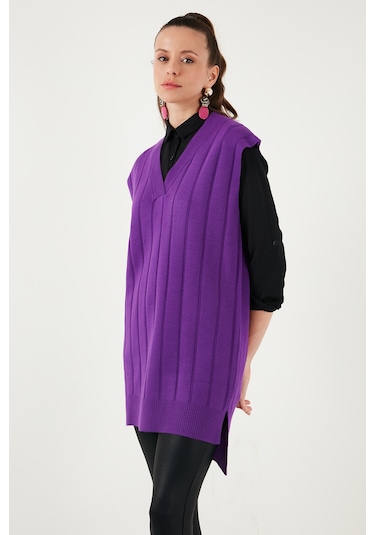 Lela V Yaka Arkası Uzun Triko Bayan Süveter 4616088Y Mor
