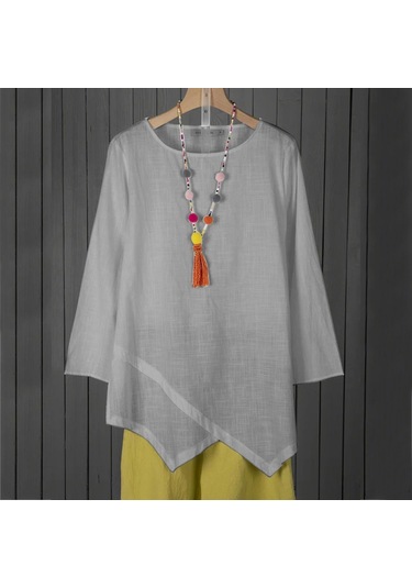 Gri Su Kadın O Boyun Uzun Kollu Gömlek Casual Düzensiz Hem Bluz Gevşek Çalışma Tunik Üstleri Gri