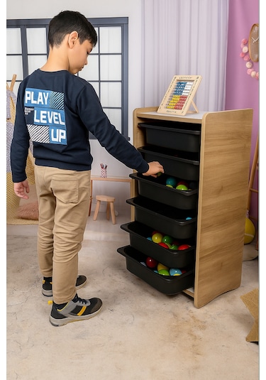 Montessori Mdf Oyuncak Dolabı 6 Siyah Plastik Çekmeceli Ceviz