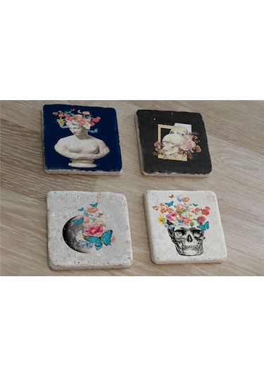 Çiçekli Heykel Kuru Kafa Ve Dünya Doğal Taş Bardak Altlığı 4'lü Set - Natural Stone Coasters - Taş Çok Renkli