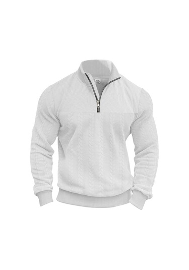 Amerikan Retro Gündelik Dik Yaka Fermuarlı Kazak Gevşek Örme Ağır Dikiş Jakarlı Sonbahar Ve Kış Uzun Kollu Kazak Beyaz