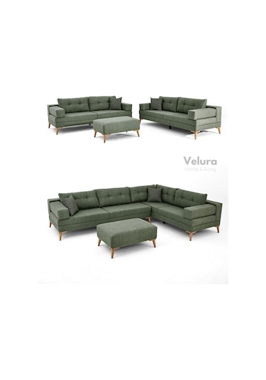 Zeri Yataklı Puzzle Modüler Köşe Koltuk Takımı & Puflu Köşe Takımı - Yeşil - 127 Yeşil
