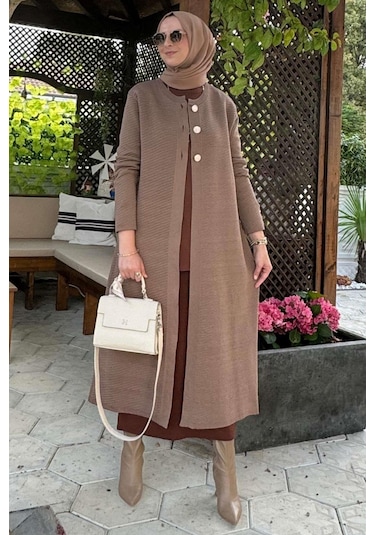 Sinem Çelik Örme Triko Hırka Sütlü Kahve Çok Renkli