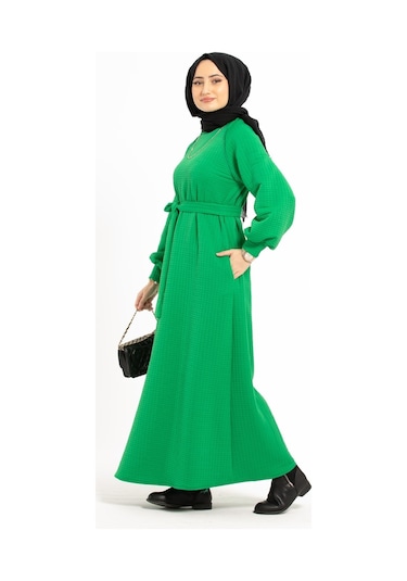 Capitone Elbise - Yeşil-1391-kiremit Kiremit