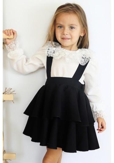 Kız Çocuk Helen Askılı Kat Kat Bağlama Jile Elbise Dantel Detay Uzun Kollu Bluz Takım Siyah