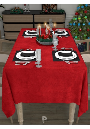 Daily Series Kadife Dokulu Kırmızı Masa Örtüsü Gelincik