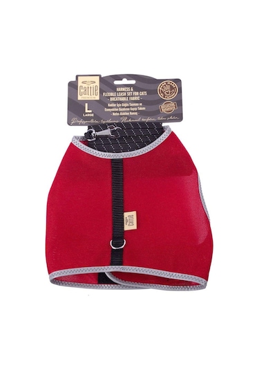 Cattie Havalı Dokuma Kedi Göğüs & Gezdirme Takımı Kırmızı Large 1.5x30-40 Cm