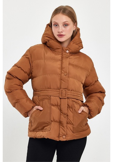 Alisse-kadın Taba Kapüşonlu Kemerli Şişme Mont Kaban Taba