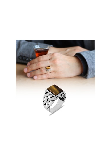 Zincir Tasarım Kaplan Gözü Taşlı 925 Ayar Gümüş Erkek Yüzük (500121508)