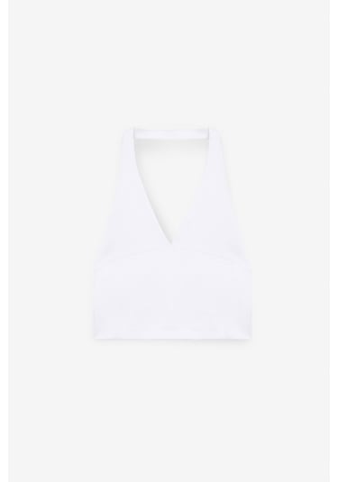 Grimelange MORIENNE Kadın Halter Yaka Kalın Askılı Sırtı Açık Crop Beyaz Bluz