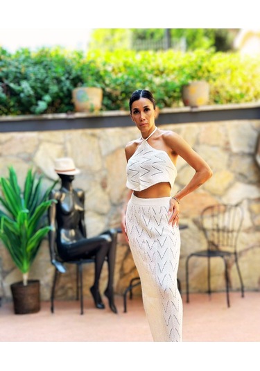 Kadın Örgü Desenli Crop Top Ve Etek Takımı Beyaz