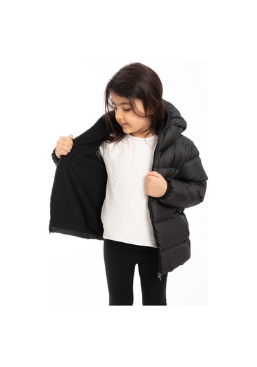 Kız Çocuk Siyah İçi Polarlı Kapüşonlu Su Geçirmez Rüzgara Dayanıklı Şişme Kışlık Mont & Kaban Siyah