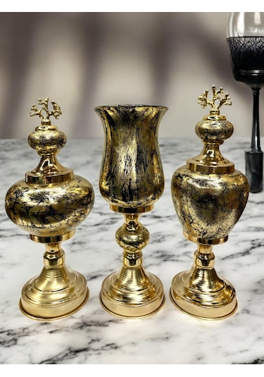 3'lü Dekoratif Prestij Dekoratif Vazo Set - Gold Gold