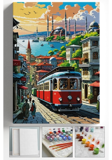 Sayılarla Boyama Çerçeveli Hobi Seti Numaralı Tuval Fırça Boya Dahil Kasnaklı İstanbul 40x50 Cm