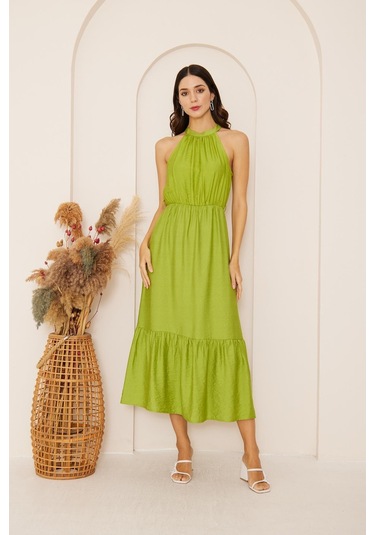Yeşil Halter Yaka Kolsuz Elbise Dm1035