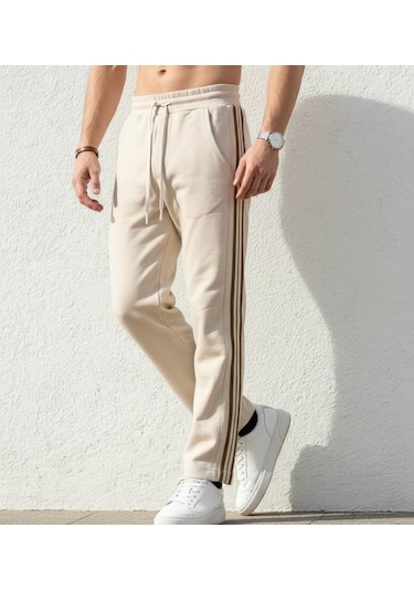 Plus Scorpion Erkek Slim Fit Eşofman Altı Yan Şeritli Pamuklu Bej