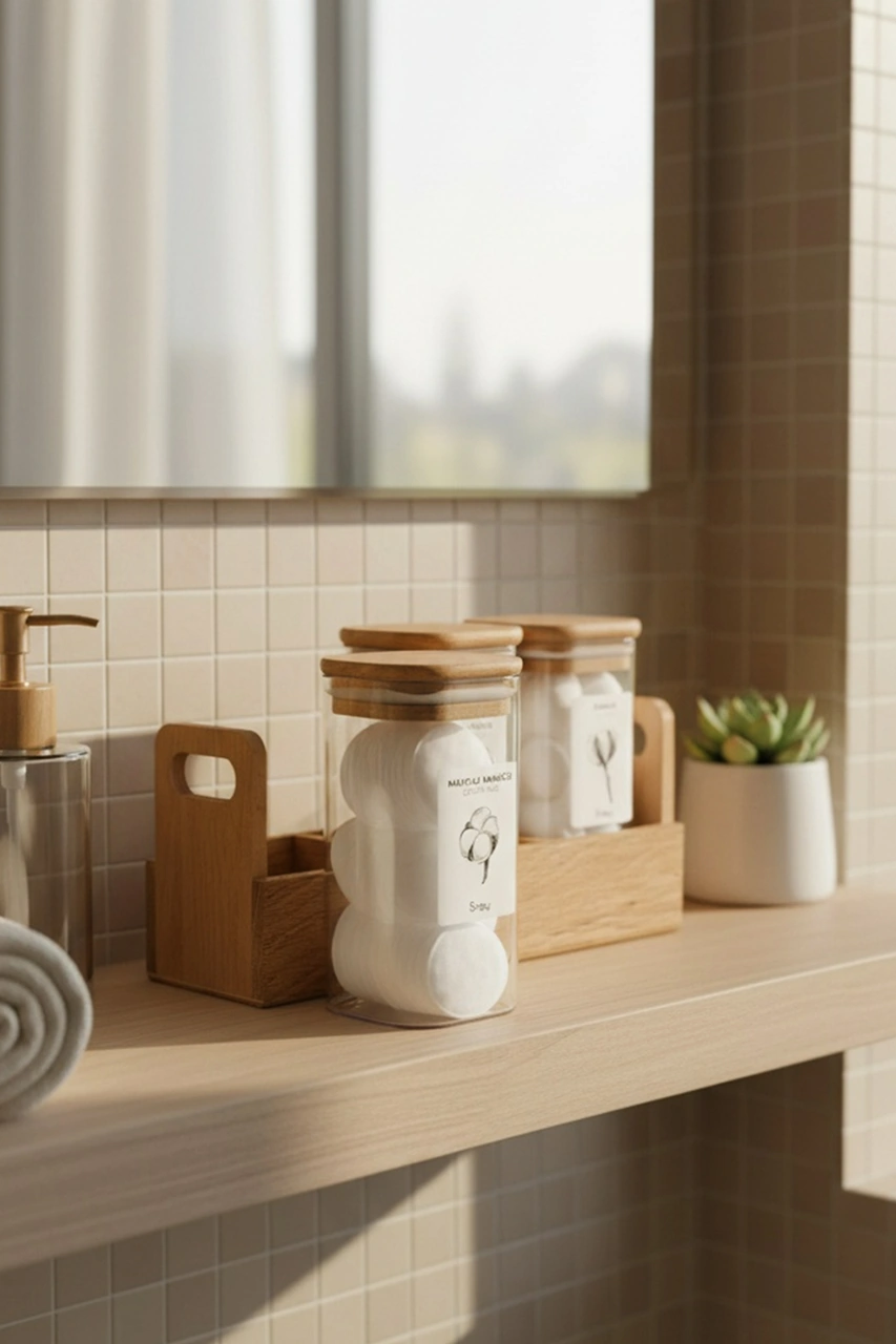 Tubbly - 3'lü Standlı Kare Ahşap Vakum Kapaklı Banyo Düzenleyici Plastik Banyo Seti Etiketli Ahşap