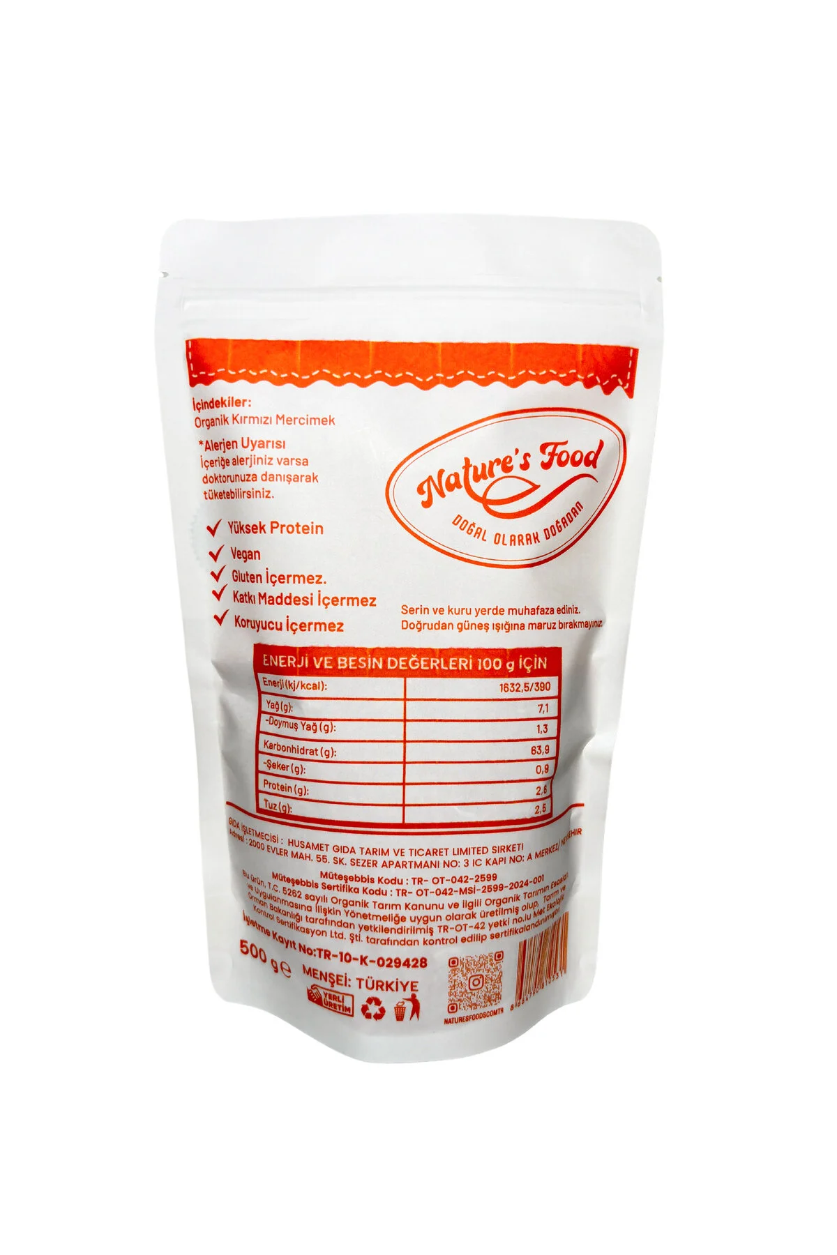 Organik Kırmızı Mercimek 500gr Pestisit Analizli Organik Sertifikalı