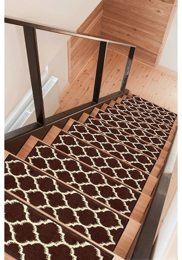 Dikdörtgen Dokuma Merdiven Halısı Kendinden Yapışkanlı Koyu Kahve Bej