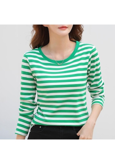 İlkbahar Ve Sonbahar Kadın Bluz Yuvarlak Yaka Moda Şerit İnce Uzun Kollu Üst Yeşil