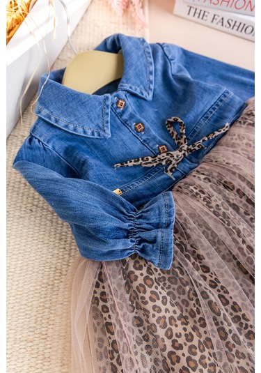 Babymod Denim Leopar Desenli Şık Özel Gün Kız Bebek Elbise Bej