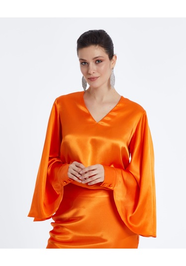 Kadın Saten Görünümlü Bluz Geniş Kol Detaylı Ve Zarif Tasarım Orange