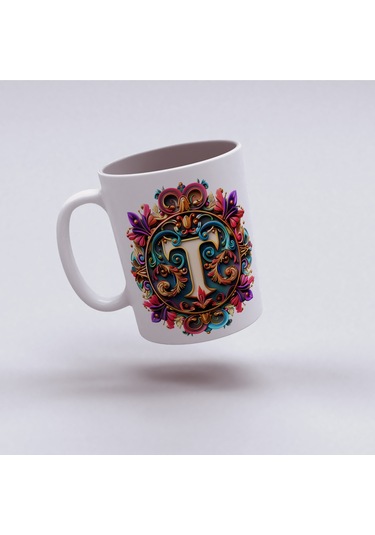 T Harfi Boho Bardak, Renkli Özel Tasarım Hediyelik Harfli Kupa, 330ml Porselen Beyaz
