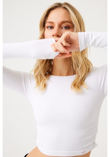 Aura Uzun Kol Büzgülü T-shirt Beyaz Beyaz