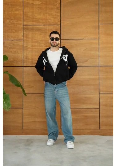 Erkek Kapüşonlu Sweatshirt Hoodie 3 İplik Şardonlu Pamuklu Kumaş, Önü Baskılı, Fermuarlı Rahat Kalı Siyah