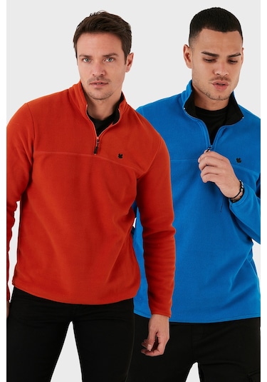 Buratti Slim Fit Anti-Pilling Tüylenme Yapmayan Bato Yaka Şardonlu 2'Li Paket Erkek Polar 5906001S2 Oranj-Saks