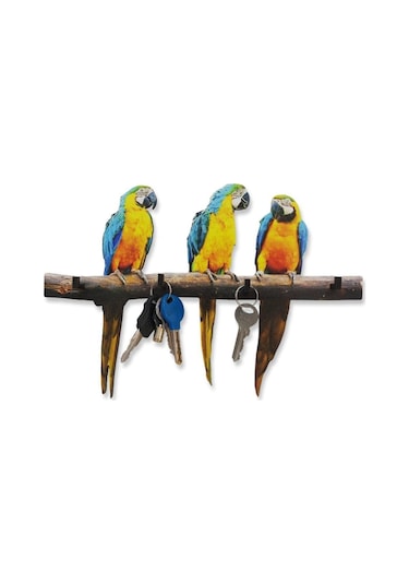 CajuArt Dal Üstünde Üç Renkli Papağan Anahtarlık Hol Duvar Askılık Süs Diğer